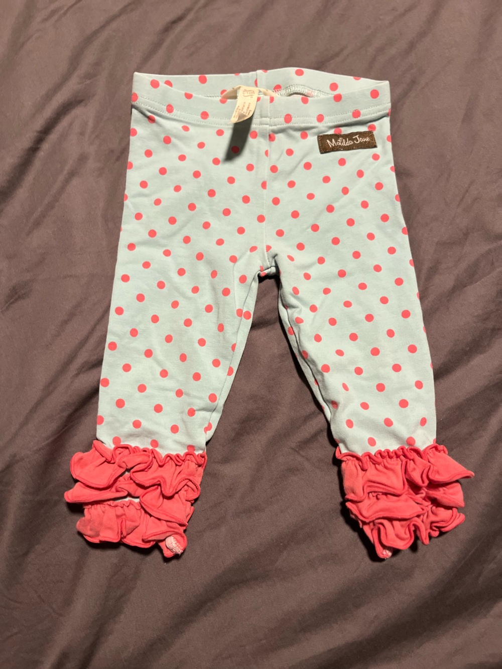 Matilda Jane Light Blue Leggings with Coral Polka Dots and Coral Ruffle Hems